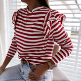 Women Blouse Shirt Striped Ruffle Long Sleeve O Neck Top