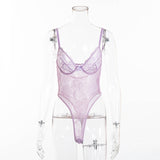 Women Sheer Lace Bodysuit Backless Transparent Mesh Bow Jumpsuit