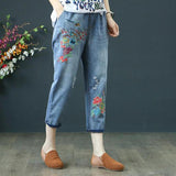 Women Denim Retro Embroidery Drawstring Holes Loose Seven Plus Size Pants