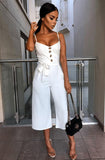 Spaghetti Strap Women Knee Length Jumpsuit Elegant Sashes Buttons