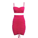 Women Drawstring Backless Sleeveless Top Short Skirt Two Piece Set