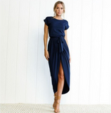 Women Bohemian Personality Slim Tunic Long Short-Sleeved Waistline Asymmetrical Dress