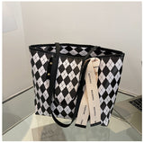 Women's Big Retro Diamond Contrast Large Capacity Shoulder Tote Bag