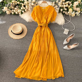Women Neploe Slim Fit Long Chiffon Pleated Solid Color Elegant V-neck Drawstring New French Style Dress
