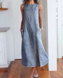 Women Maxi Sleeveless Linen Long Dress Striped Cotton Baggy