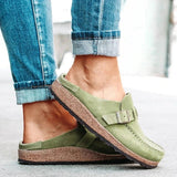 Women PU Slippers Solid Buckle Flats Shoes Slip-On Sandals