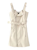 Women PU Leather V Neck Mini Sash Zipper Sundress Vestidos