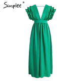 Simplee Women's Elegant V Neck Long Dresses Ruffles High Waist