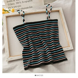 Women Knitted Rib Striped Spaghetti Strap Slim Fit Cropped Top