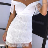 Women Sleeveless Bodycon Off Shoulder Tassel Mini Short Bandage Dress