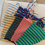 Women Knitted Rib Striped Spaghetti Strap Slim Fit Cropped Top