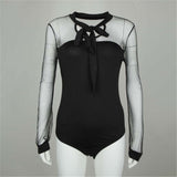 Women Bow Mock Neck Long Sleeve Transparent Bodysuit
