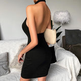 Women Halter V-Neck Buttons Backless Knitted Sleeveless Mini Dress