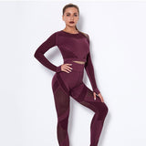 Women 2Pcs Set Seamless Crop Long Sleeve Top Push Up High Waist Pants
