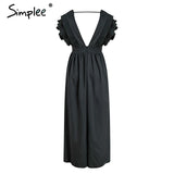 Simplee Women's Elegant V Neck Long Dresses Ruffles High Waist