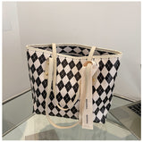 Women's Big Retro Diamond Contrast Large Capacity Shoulder Tote Bag