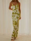 Women Geometric Print Long Spaghetti Straps Backless Sling Dress
