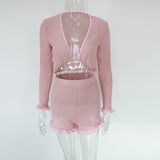 Cute Ruffled Mesh Trim Pink Shorts Set Two Piece Women Boho Knitted Crop Top High Waist