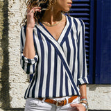 Women Striped Shirt Long Sleeve Blouse V-neck Top