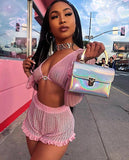 Cute Ruffled Mesh Trim Pink Shorts Set Two Piece Women Boho Knitted Crop Top High Waist