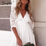 Simplee Women Elegant V Neck Embroidery Ruffle Pleated Cotton Lace Up Sleeveless Dress