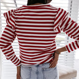 Women Blouse Shirt Striped Ruffle Long Sleeve O Neck Top
