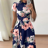 Women Short Sleeve Long Boho Floral Print Maxi Bandage Dress