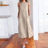 Women Maxi Sleeveless Linen Long Dress Striped Cotton Baggy