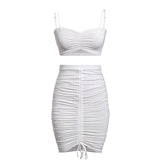 Women Drawstring Backless Sleeveless Top Short Skirt Two Piece Set
