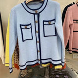 Women's O-neck Long Sleeve Pockets Knitted Cardigan Top