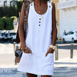 Women O-neck Button Solid sleeveless Pockets A-line Mini Dress