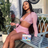 Cute Ruffled Mesh Trim Pink Shorts Set Two Piece Women Boho Knitted Crop Top High Waist