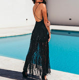 Women Sequin Lace See Through Mesh Long Elegant Evening Party Dress