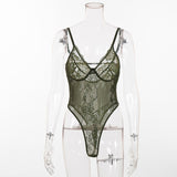 Women Sheer Lace Bodysuit Backless Transparent Mesh Bow Jumpsuit