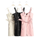 Women PU Leather V Neck Mini Sash Zipper Sundress Vestidos
