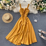 Women Solid Color V Neck Sleeveless Long Dress