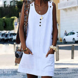 Women O-neck Button Solid sleeveless Pockets A-line Mini Dress