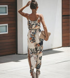 Women V Neck Bodysuit Belt Floral Overalls Print Jumpsuit