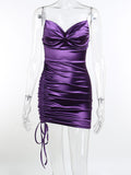 Women Chest Pleated Pile Collar Side Drawstring Slim Skirt Dress