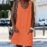Women O-neck Button Solid sleeveless Pockets A-line Mini Dress