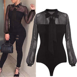Women Bow Mock Neck Long Sleeve Transparent Bodysuit