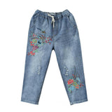 Women Denim Retro Embroidery Drawstring Holes Loose Seven Plus Size Pants
