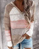 Women Hollow Long Sleeve Hoodie Tops V Neck Patchwork Knitted Pullover Jumper Sweater