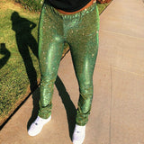 Women Glitter Shiny High Waist Reflective Wide Leg Zipper Long Pants