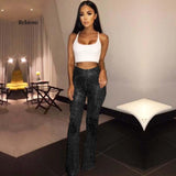 Women Glitter Sequin Flare Long Pants High Waisted Wide Leg Trousers