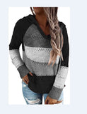 Women Hollow Long Sleeve Hoodie Tops V Neck Patchwork Knitted Pullover Jumper Sweater