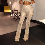 Women Glitter Sequin Flare Long Pants High Waisted Wide Leg Trousers