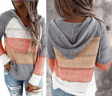Women Hollow Long Sleeve Hoodie Tops V Neck Patchwork Knitted Pullover Jumper Sweater