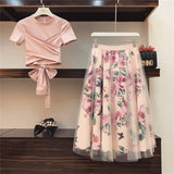 Women Irregular Mesh Skirts Bowknot Solid Top Floral Two-Piece Set