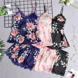 Women's Silk Floral Overall Print Pajama Set Satin Sleepwear